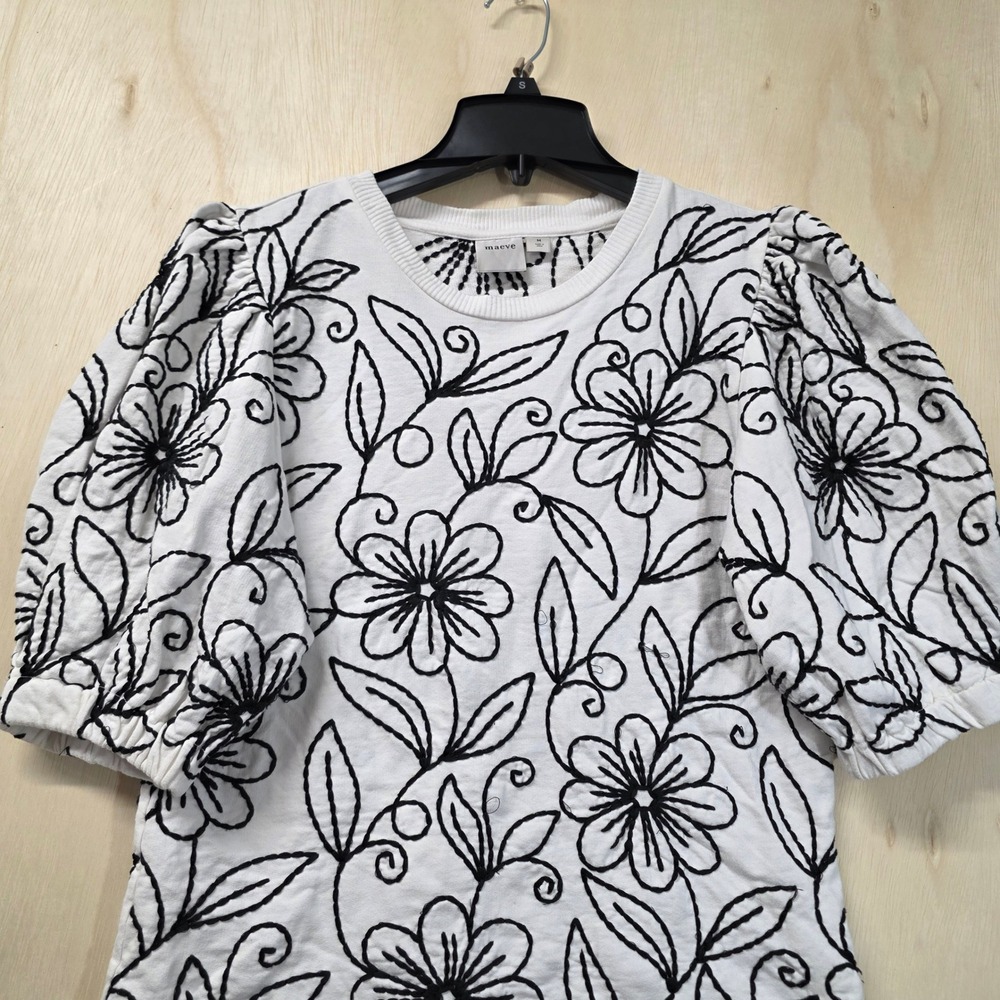 Maeve Anthropologie White Black Floral Embroidered Puff Sleeve Sweatshirt Top M - Picture 14 of 16